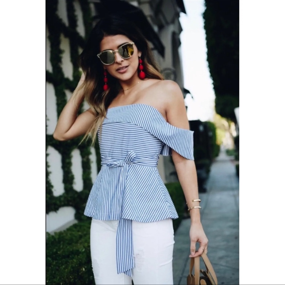 J.O.A. Blue/White Stripe One Shoulder Top - Women | Color: Blue/White | Size: S